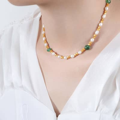 Trendy Freshwater Pearl Geometric Natural Stone Steel Bead Titanium Steel Necklace detail 6