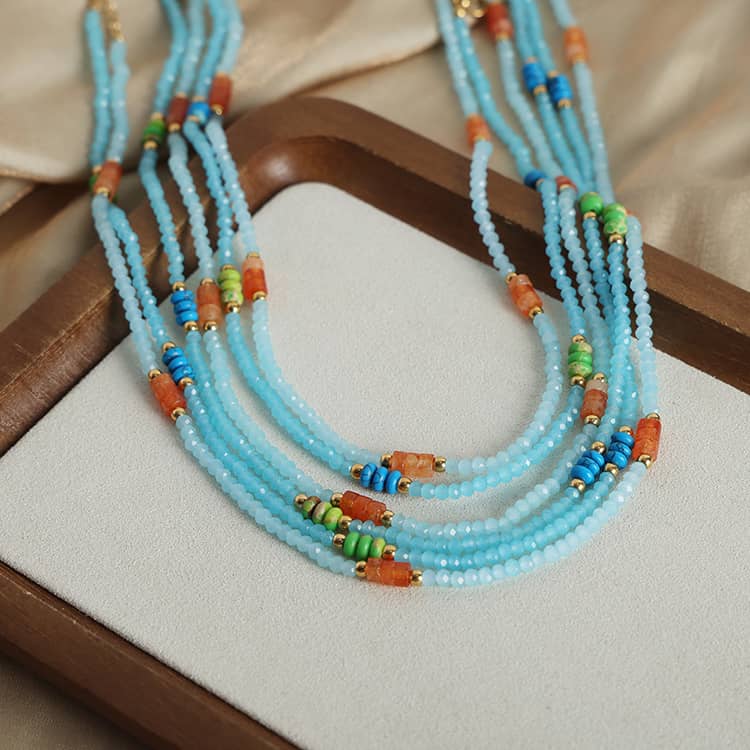 Elegant Natural Stone Pine Stone Handmade Bead Titanium Steel Gold Plated Necklace - main