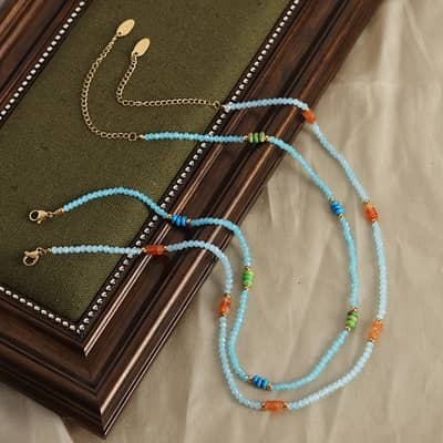 Elegant Natural Stone Pine Stone Handmade Bead Titanium Steel Gold Plated Necklace detail 2