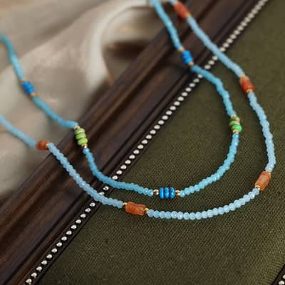 Elegant Natural Stone Pine Stone Handmade Bead Titanium Steel Gold Plated Necklace detail 3