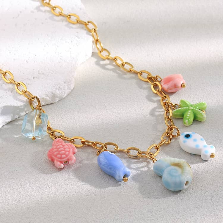 18K Gold Plated Ocean Fish Colored Ceramic Stainless Steel Pendant Necklace - main