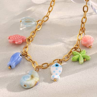18K Gold Plated Ocean Fish Colored Ceramic Stainless Steel Pendant Necklace detail 3