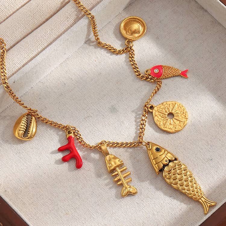 18K Gold Plated Bohemian Light Luxury Stainless Steel Handmade Fish Pendant Necklace - main