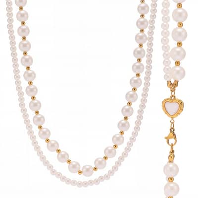 Elegant Pearl Small Steel Beaded Double Layer Heart Shape Pendant Necklace detail 1