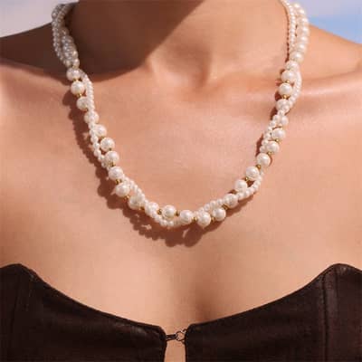 Elegant Pearl Small Steel Beaded Double Layer Heart Shape Pendant Necklace detail 3