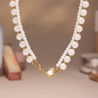 Elegant Pearl Small Steel Beaded Double Layer Heart Shape Pendant Necklace detail 4