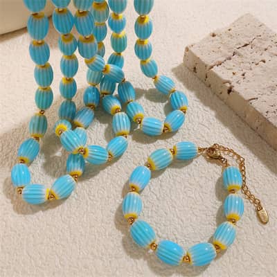 Bohemian Stainless Steel 18K Gold Plated Jewelry Set Handmade Colourful Ceramic Bead Necklace Bracelet detail 1