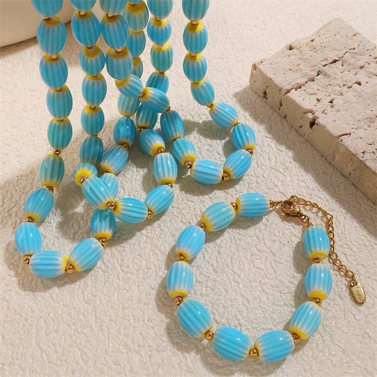 Bohemian Stainless Steel 18K Gold Plated Jewelry Set Handmade Colourful Ceramic Bead Necklace Bracelet - main