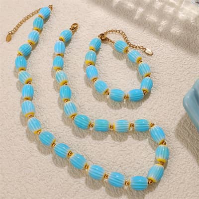 Bohemian Stainless Steel 18K Gold Plated Jewelry Set Handmade Colourful Ceramic Bead Necklace Bracelet detail 2