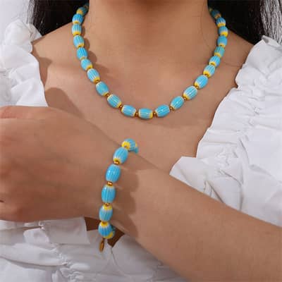 Bohemian Stainless Steel 18K Gold Plated Jewelry Set Handmade Colourful Ceramic Bead Necklace Bracelet detail 4