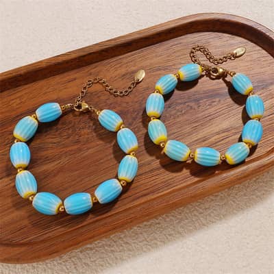 Bohemian Stainless Steel 18K Gold Plated Jewelry Set Handmade Colourful Ceramic Bead Necklace Bracelet detail 5