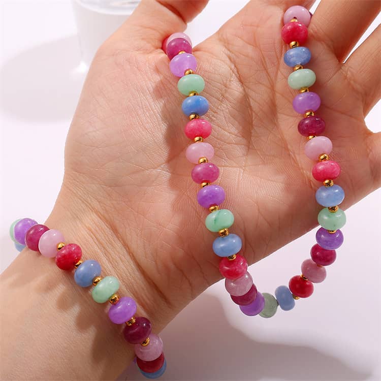 Summer Bohemian Beach Stainless Steel Jewelry Set Colorful Natural Stone Beaded Necklace Bracelet Earrings - main