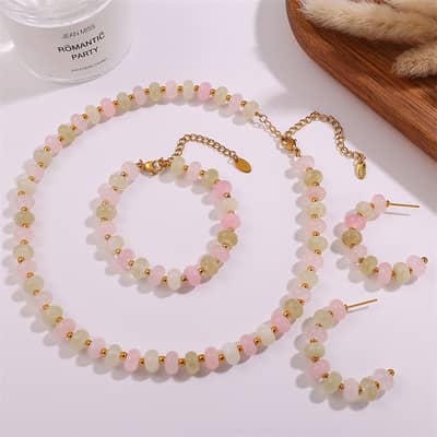 Summer Bohemian Beach Stainless Steel Jewelry Set Colorful Natural Stone Beaded Necklace Bracelet Earrings detail 3