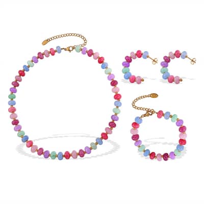 Summer Bohemian Beach Stainless Steel Jewelry Set Colorful Natural Stone Beaded Necklace Bracelet Earrings detail 4
