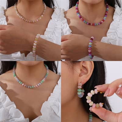 Summer Bohemian Beach Stainless Steel Jewelry Set Colorful Natural Stone Beaded Necklace Bracelet Earrings detail 5