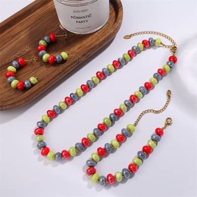 Bohemian Stainless Steel Jewelry Set Ceramic Ocean Colorful Dopamine Beaded Necklace Bracelet Hoop Earring detail 1