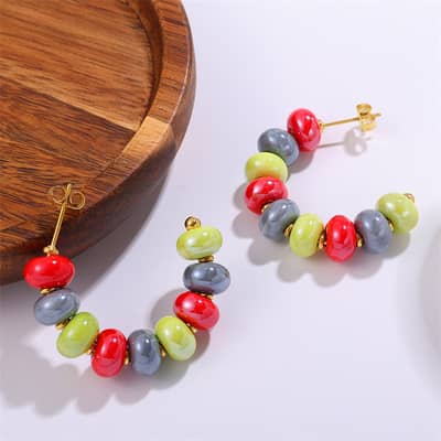 Bohemian Stainless Steel Jewelry Set Ceramic Ocean Colorful Dopamine Beaded Necklace Bracelet Hoop Earring detail 3
