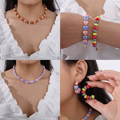 Bohemian Stainless Steel Jewelry Set Ceramic Ocean Colorful Dopamine Beaded Necklace Bracelet Hoop Earring detail 6