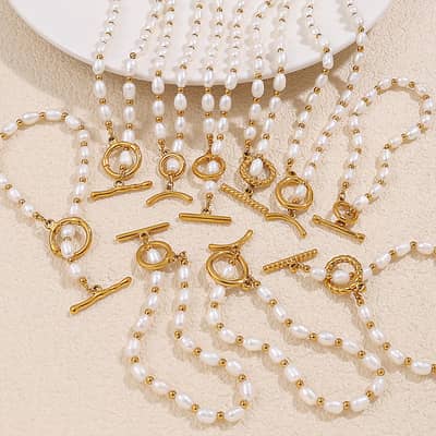 18K Gold Plated Stainless Steel Freshwater Pearl OT Buckle Beaded Necklace Bracelet Set detail 1