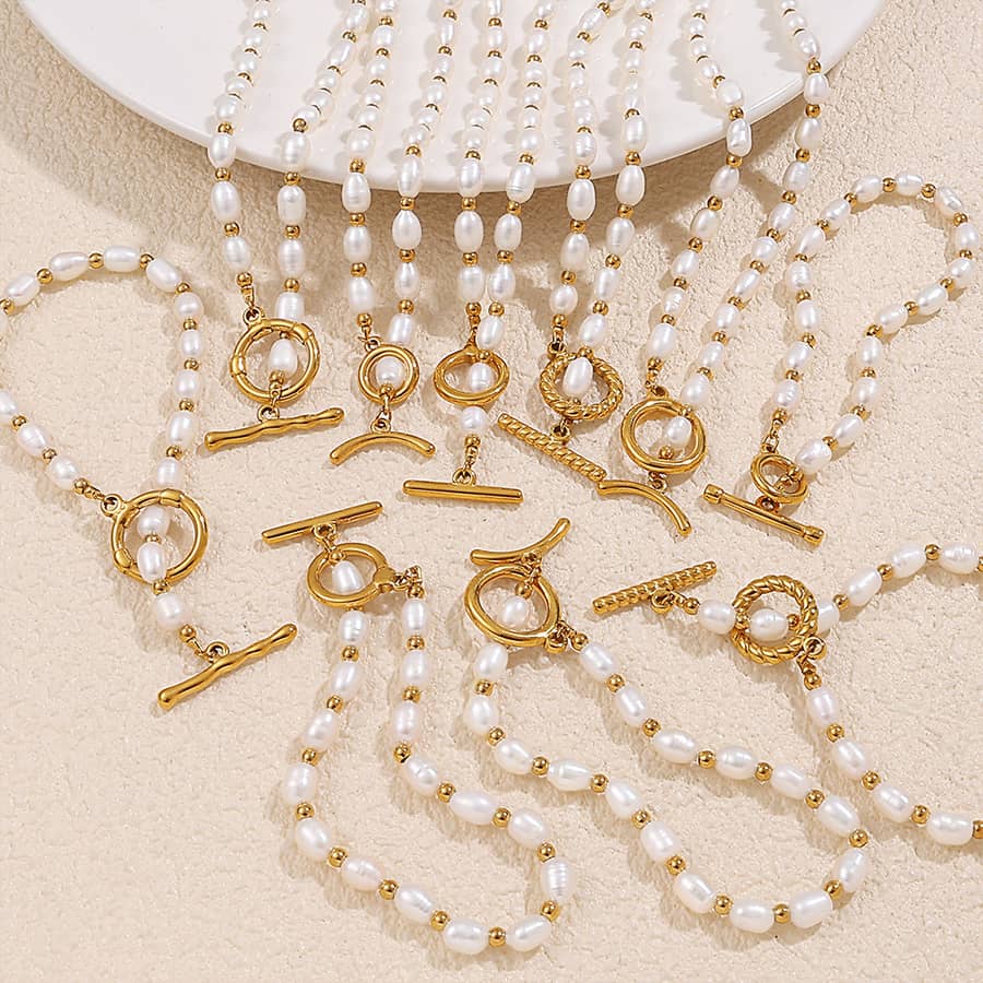 18K Gold Plated Stainless Steel Freshwater Pearl OT Buckle Beaded Necklace Bracelet Set - main