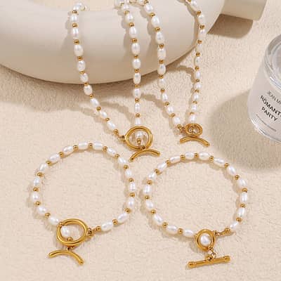18K Gold Plated Stainless Steel Freshwater Pearl OT Buckle Beaded Necklace Bracelet Set detail 2