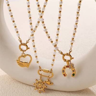 Elegant Stainless Steel Heart Shaped Cross Pendant Freshwater Pearl Necklace Bracelet Set detail 1