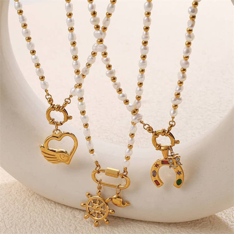 Elegant Stainless Steel Heart Shaped Cross Pendant Freshwater Pearl Necklace Bracelet Set - main