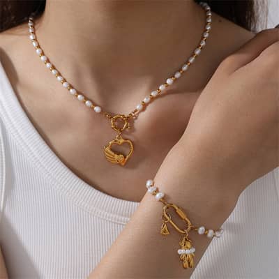 Elegant Stainless Steel Heart Shaped Cross Pendant Freshwater Pearl Necklace Bracelet Set detail 3