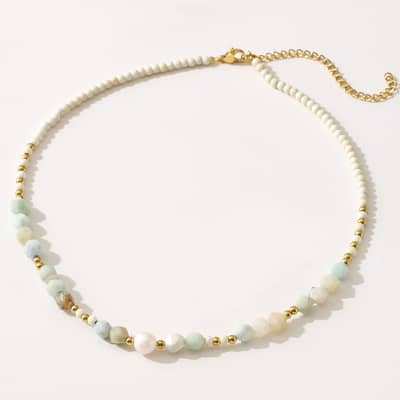 Natural Stone Handmade Beaded Necklace With Freshwater Pearl Stainless Steel detail 1