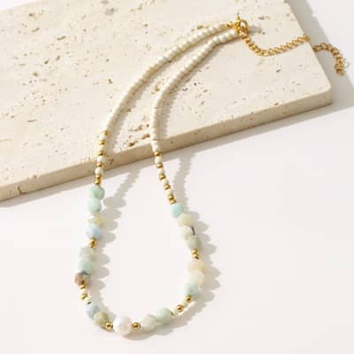 Natural Stone Handmade Beaded Necklace With Freshwater Pearl Stainless Steel detail 4
