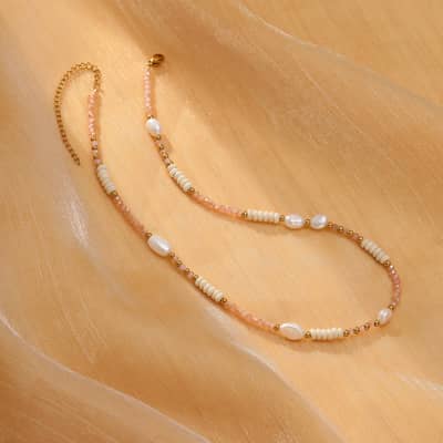 INS Style Natural Stone Pink Necklace With Freshwater Pearl Stainless Steel Beads detail 4