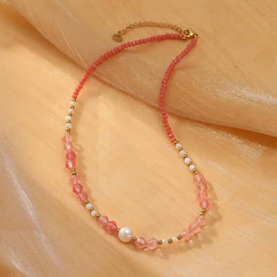 INS Style Natural Stone Pink Necklace With Freshwater Pearl Stainless Steel Beads detail 5