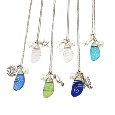 Sea Glass Wire Wrapped Beach Necklace With Starfish Pendant And Freshwater Pearls detail 1