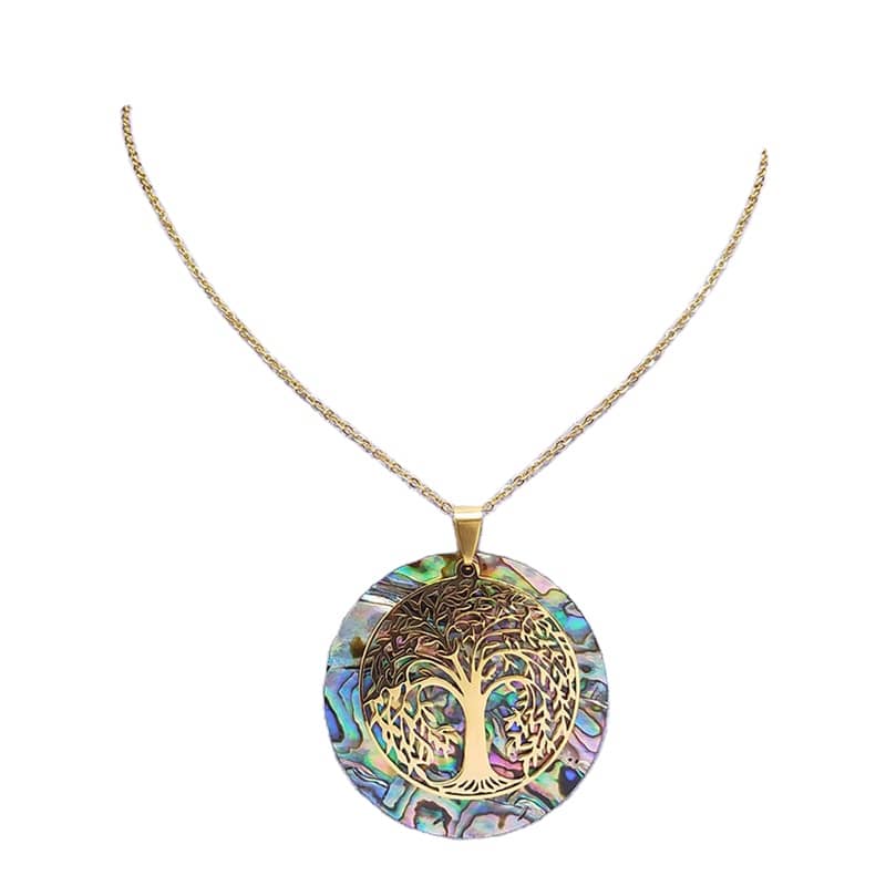 Abalone Shell Tree Of Life Pendant Necklace In Stainless Steel With Gold Accents - main