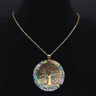 Abalone Shell Tree Of Life Pendant Necklace In Stainless Steel With Gold Accents detail 2
