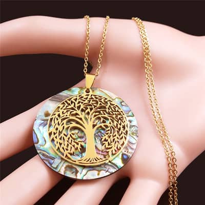 Abalone Shell Tree Of Life Pendant Necklace In Stainless Steel With Gold Accents detail 3