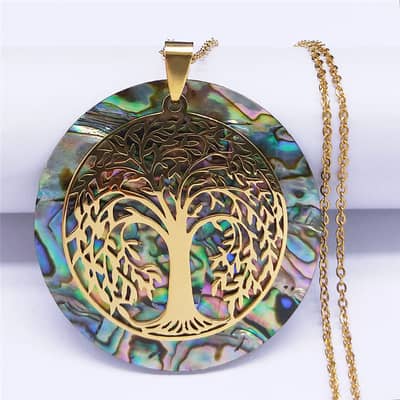Abalone Shell Tree Of Life Pendant Necklace In Stainless Steel With Gold Accents detail 4
