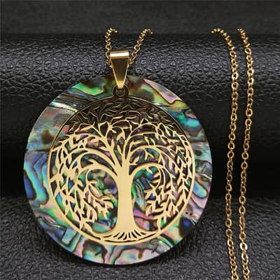 Abalone Shell Tree Of Life Pendant Necklace In Stainless Steel With Gold Accents detail 5