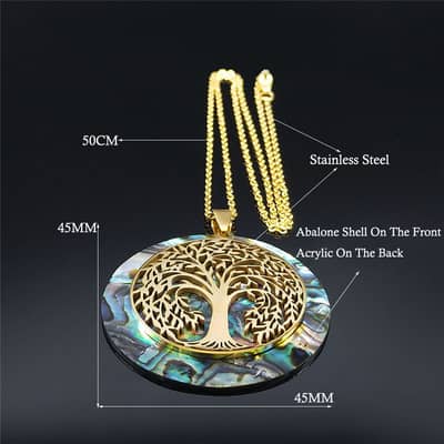Abalone Shell Tree Of Life Pendant Necklace In Stainless Steel With Gold Accents detail 6