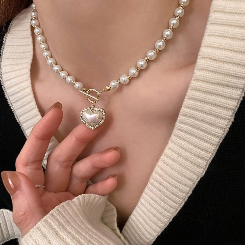 Elegant Luxury Imitation Pearl Necklace Heart Pendant Korean Jewelry Gift - main