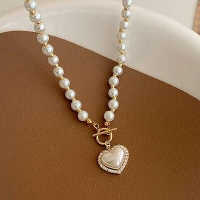 Elegant Luxury Imitation Pearl Necklace Heart Pendant Korean Jewelry Gift detail 3