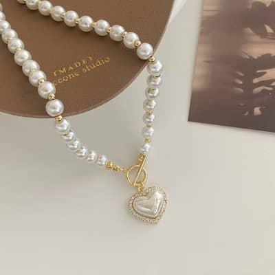 Elegant Luxury Imitation Pearl Necklace Heart Pendant Korean Jewelry Gift detail 5