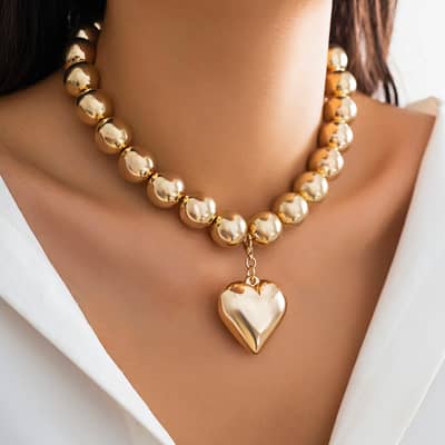 Trendy Gold Color Beaded Chain Necklace Heart Shape Pendant Clavicle Choker Anniversary Jewelry detail 1