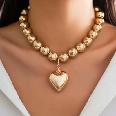 Trendy Gold Color Beaded Chain Necklace Heart Shape Pendant Clavicle Choker Anniversary Jewelry detail 2