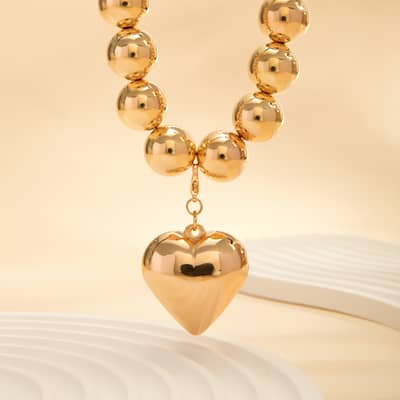 Trendy Gold Color Beaded Chain Necklace Heart Shape Pendant Clavicle Choker Anniversary Jewelry detail 4