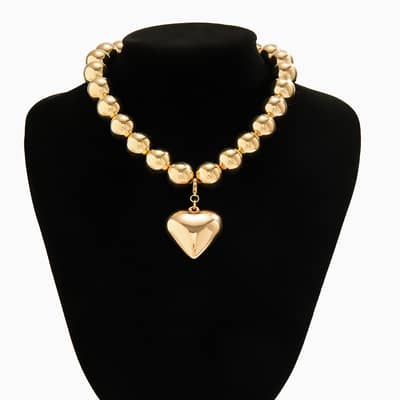 Trendy Gold Color Beaded Chain Necklace Heart Shape Pendant Clavicle Choker Anniversary Jewelry detail 6