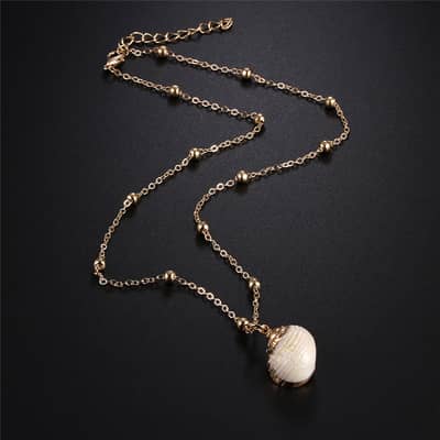 Natural Shell Pendant Necklace Long Gold Link Chain Seashell Cowrie Choker Ocean Beach Jewelry detail 4