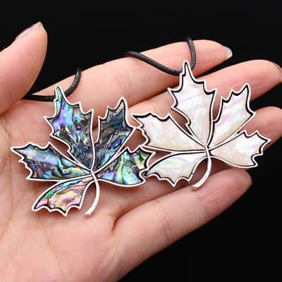 Vintage Natural Abalone Shell Maple Leaf Pendant Leather Rope Necklace detail 1