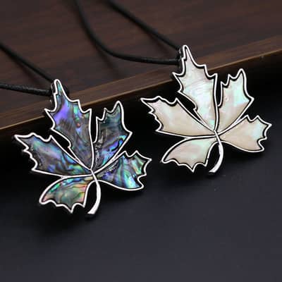 Vintage Natural Abalone Shell Maple Leaf Pendant Leather Rope Necklace detail 5
