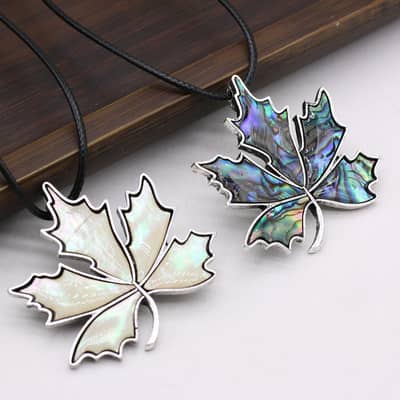 Vintage Natural Abalone Shell Maple Leaf Pendant Leather Rope Necklace detail 6